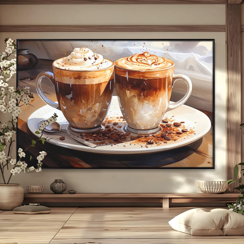 Tablou canvas cu tablou canvas cu cesti de cafea, in rama de aluminiu negru